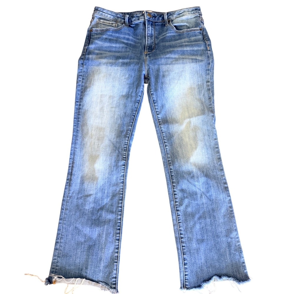 Anthropologie Driftwood Kelly Mid Rise Straight Leg Jeans Blue Raw Hem Sz 32x28